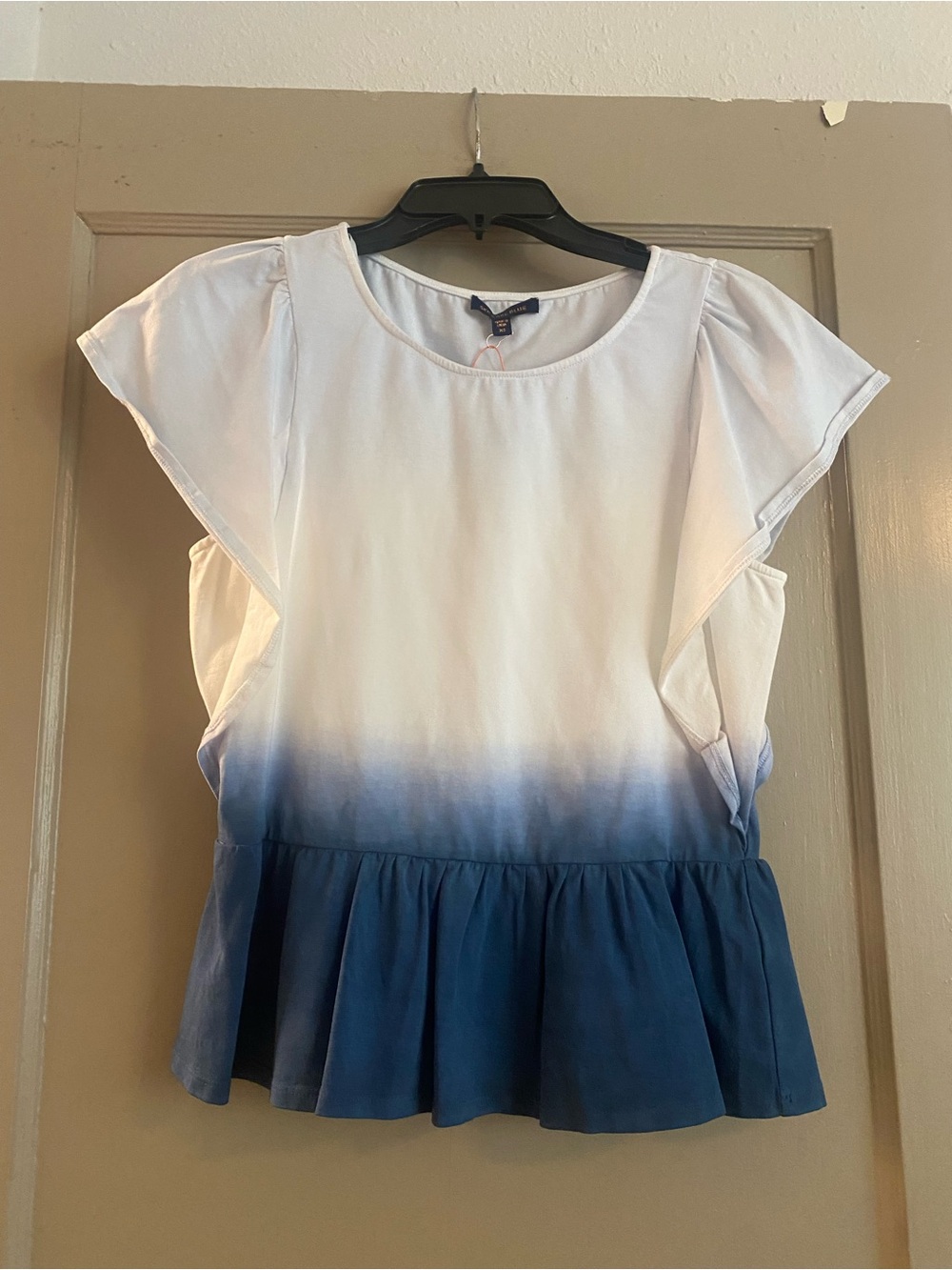Skies Are Blue White to Blue Ombre Flutter Peplum Blouse